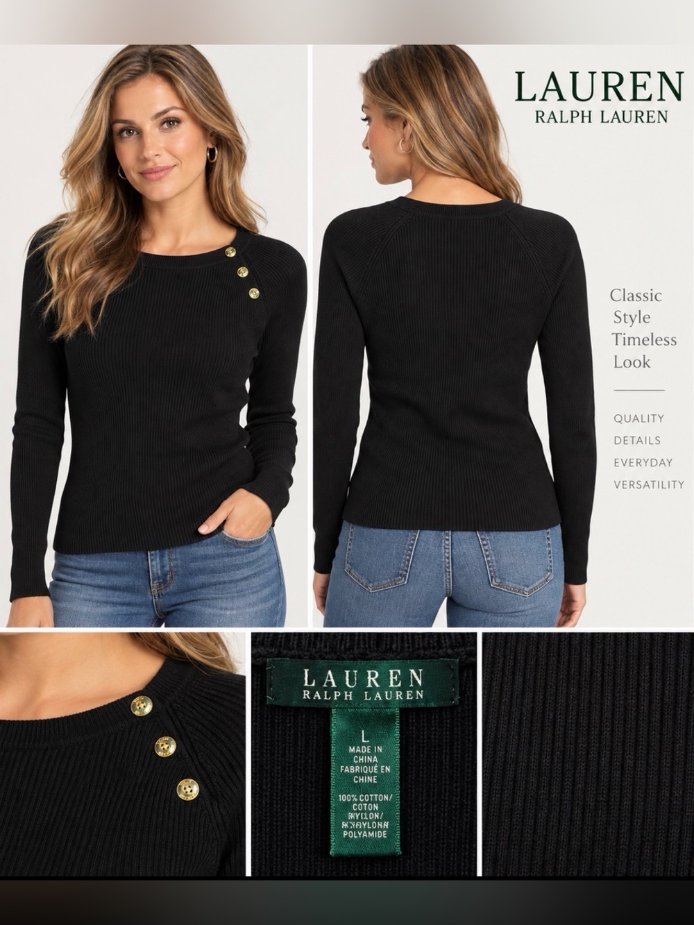 Lauren Ralph Lauren Black Ribbed Knit Sweater Gold Button Size L